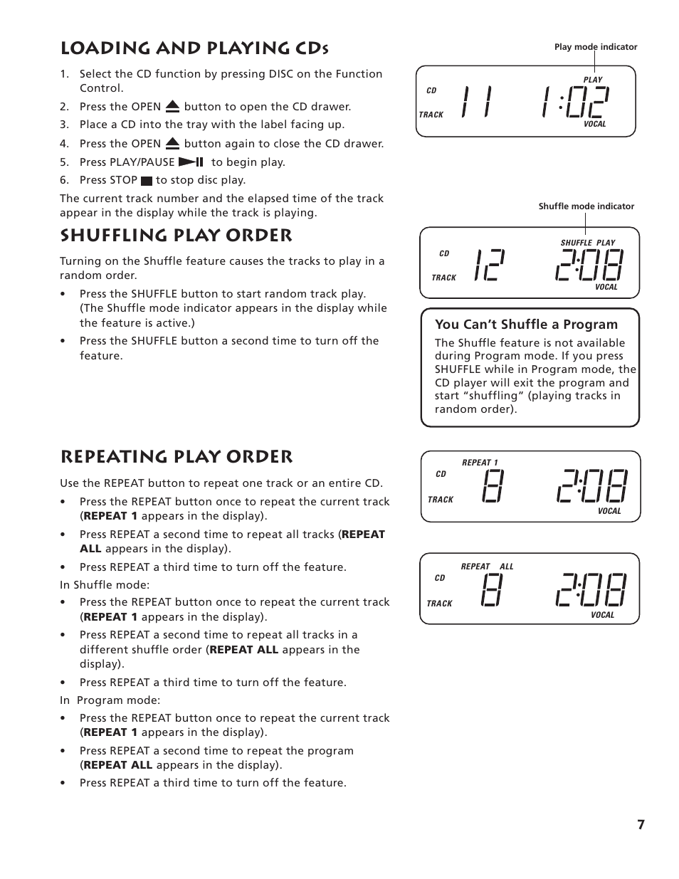 Loading and playing cd, Repeating play order, Shuffling play order | You can’t shuffle a program | RCA RP-7984 User Manual | Page 9 / 18