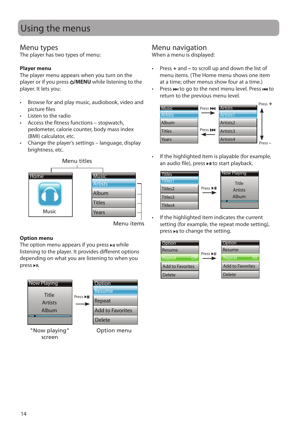 Using the menus, Menu types, Menu navigation | RCA SC2204 User Manual | Page 14 / 33