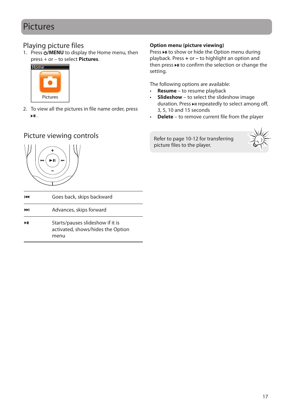 Pictures, Playing picture files, Picture viewing controls | RCA SC2204 User Manual | Page 17 / 33