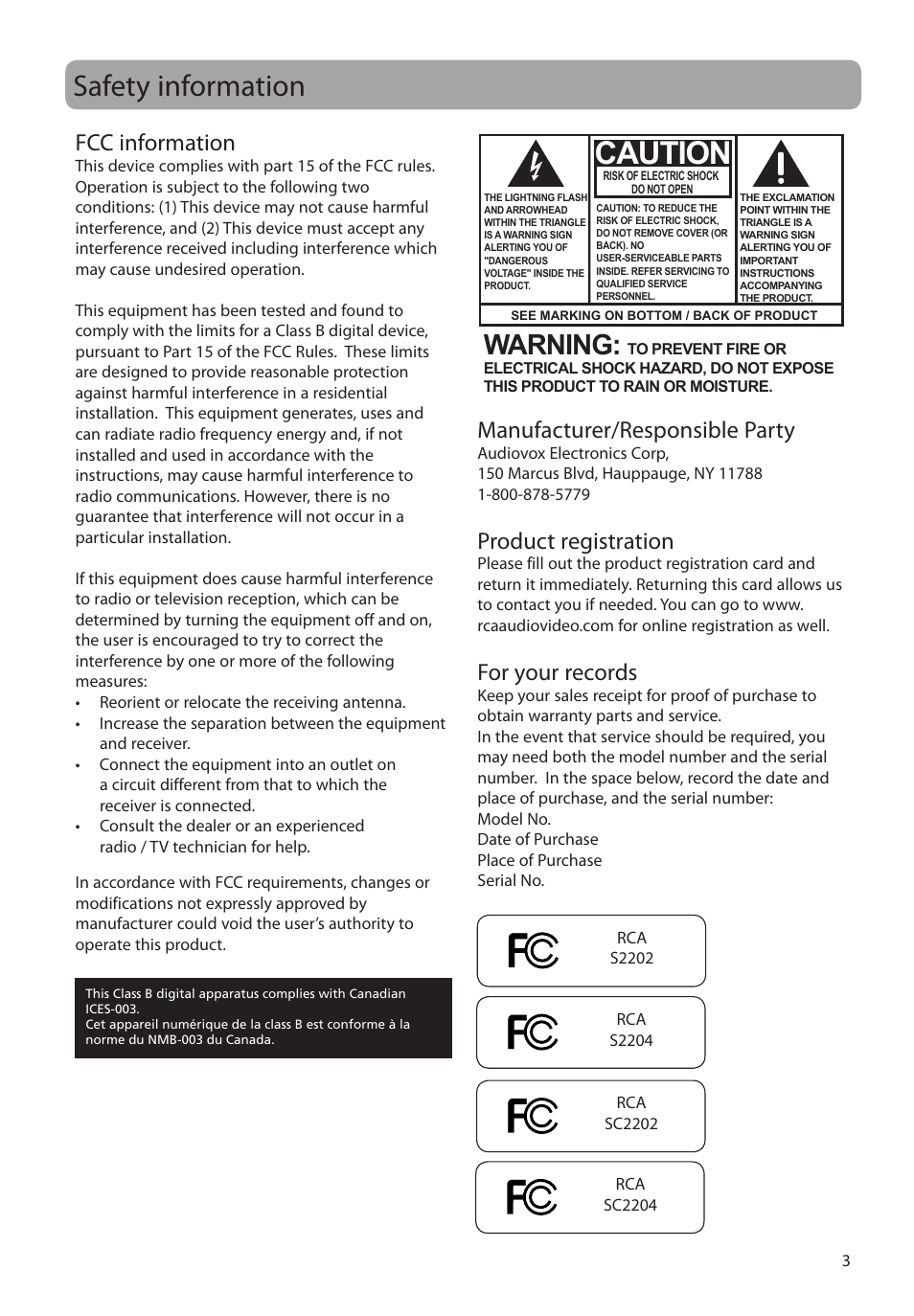 Safety information, Fcc information, Manufacturer/responsible party | Product registration, For your records, Caution, Warning | RCA SC2204 User Manual | Page 3 / 33