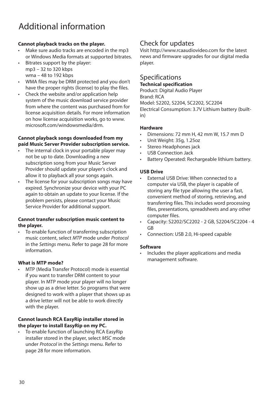 Check for updates, Specifications, Additional information | RCA SC2204 User Manual | Page 30 / 33