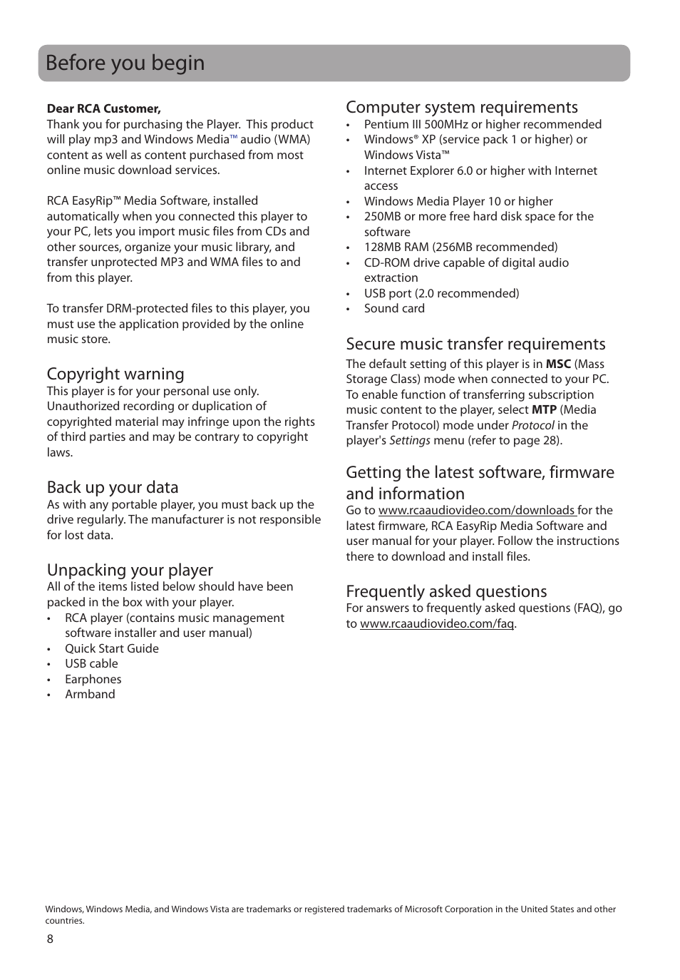 Before you begin, Copyright warning, Back up your data | Unpacking your player, Computer system requirements, Secure music transfer requirements, Frequently asked questions | RCA SC2204 User Manual | Page 8 / 33