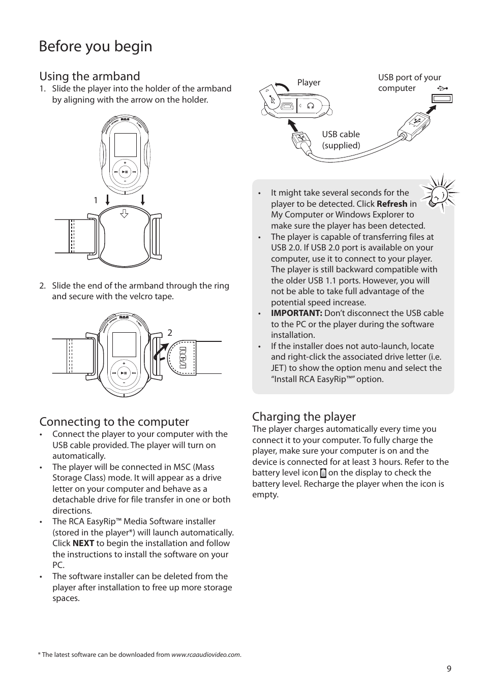 Using the armband, Connecting to the computer, Charging the player | Before you begin | RCA SC2204 User Manual | Page 9 / 33