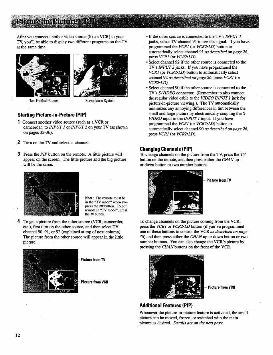 Starting picture-in-picture (pip), Changing channels (pip), Additional features (pip) | RCA P46728 User Manual | Page 14 / 55
