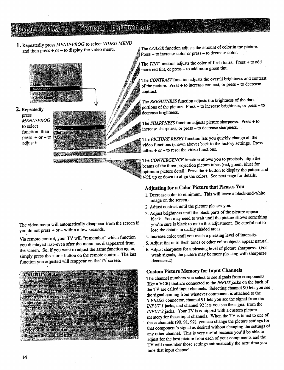 Adjusting for a color picture that pleases you, Custom picture memory for input channels | RCA P46728 User Manual | Page 16 / 55
