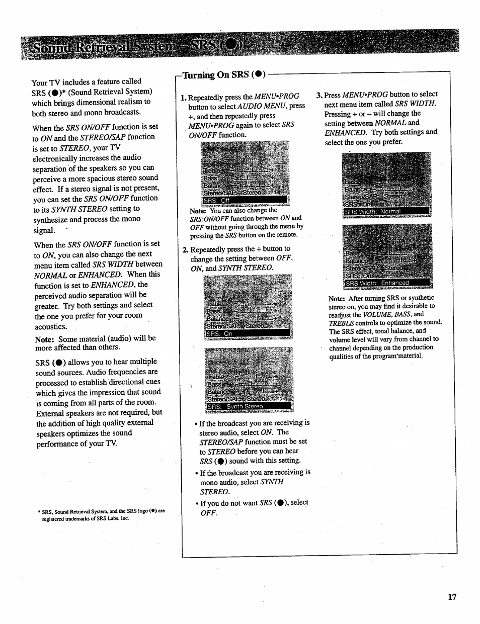 I-tuming on srs (•) | RCA P46728 User Manual | Page 19 / 55