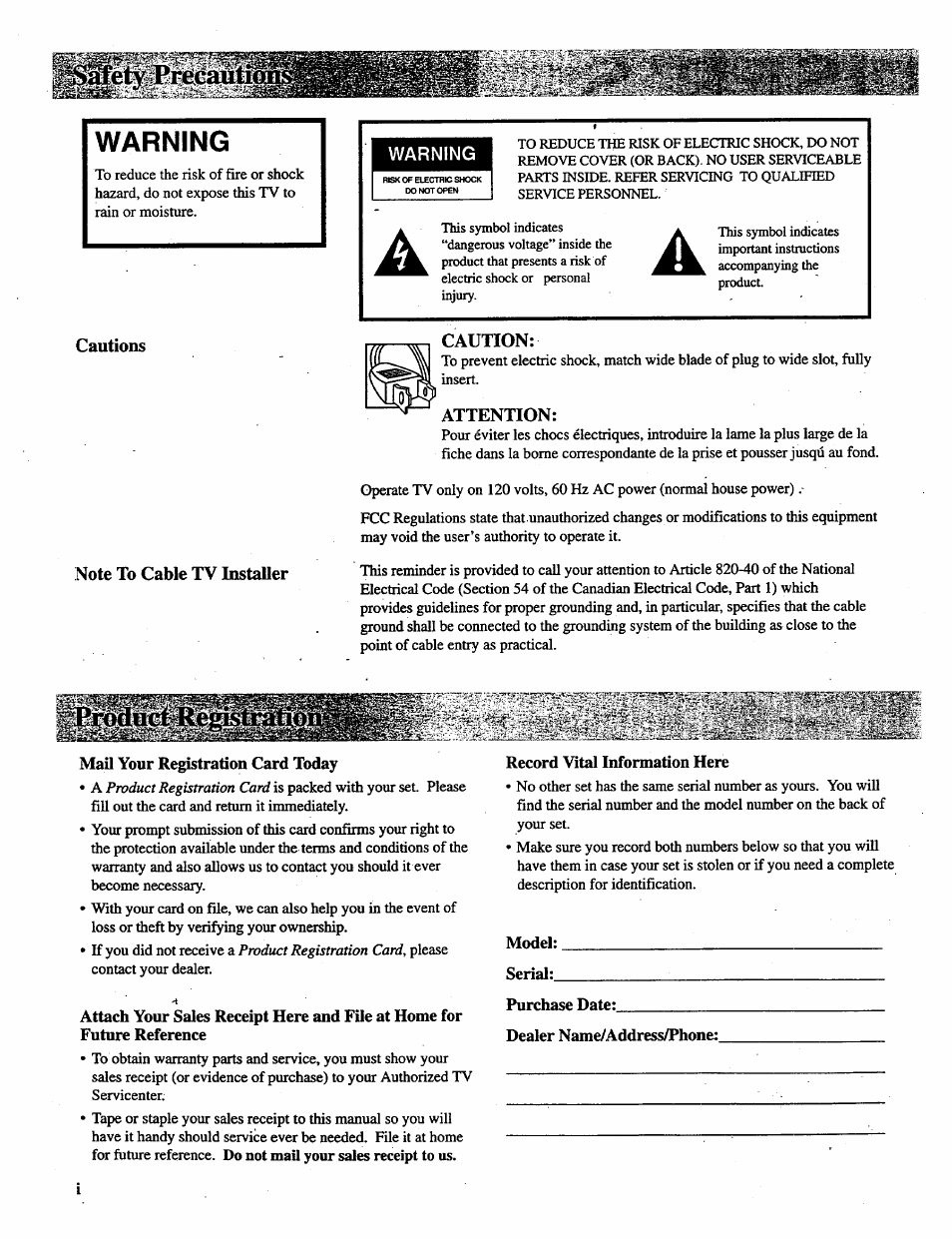 Warning, Caution, Attention | Mail your registration card today, Future reference, Record vital information here, Model:. serial, Purchase date, Dealer name/address/phone | RCA P46728 User Manual | Page 2 / 55