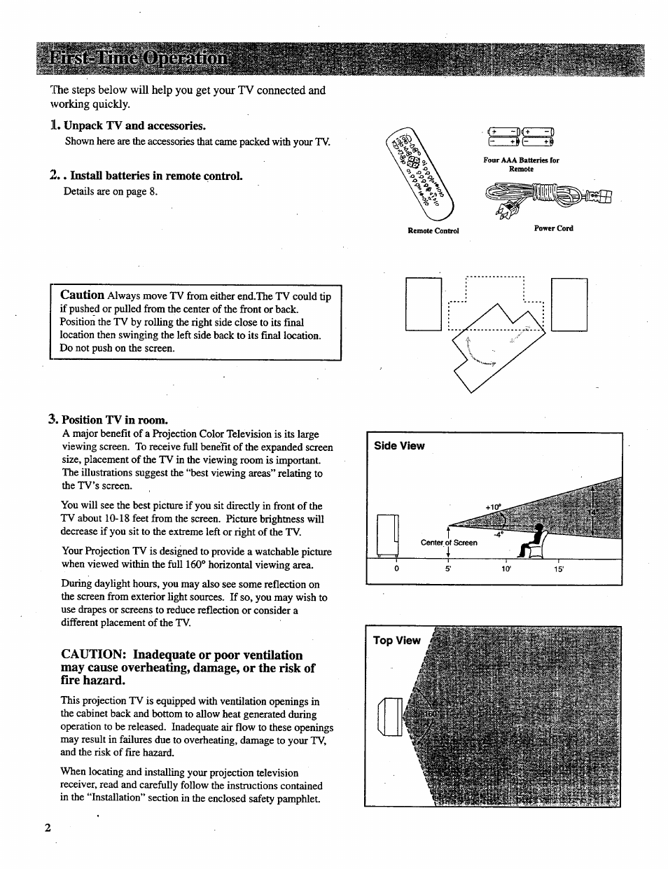 Unpack tv and accessories, Install batteries in remote control, Position tv in room | RCA P46728 User Manual | Page 4 / 55