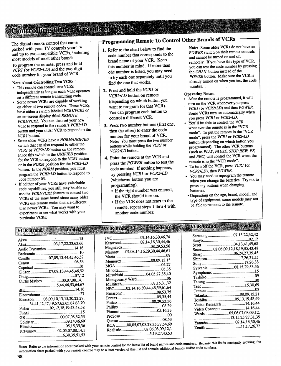 Vcrl, Vcr2'ld), Vcrl'ld | Power, Vcr2*ld, Programming remote to control other brands of vcrs | RCA P46728 User Manual | Page 40 / 55