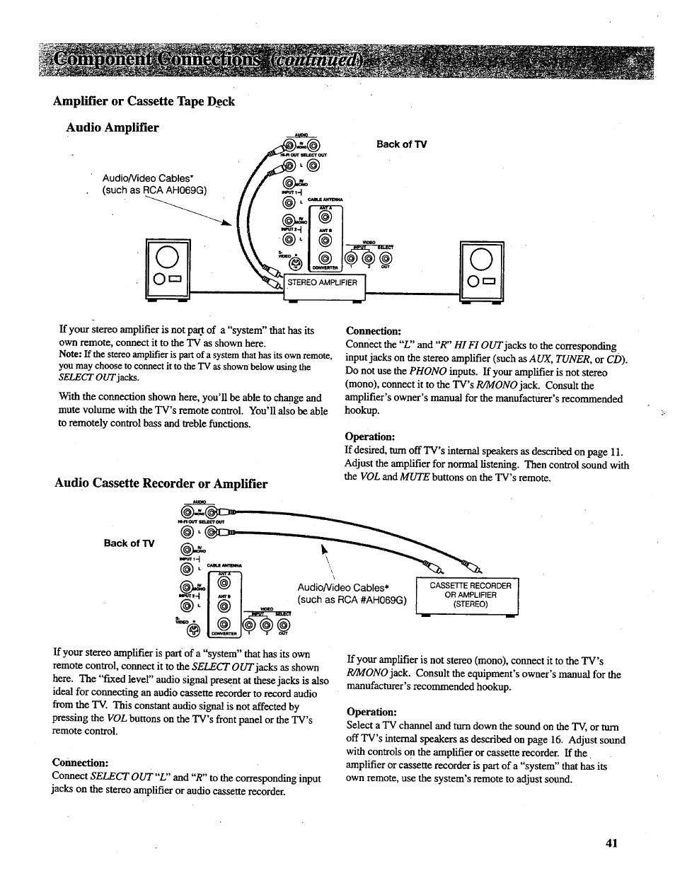 Amplifier or cassette tape deck, Audio cassette recorder or amplifier, Connection | Operation | RCA P46728 User Manual | Page 43 / 55