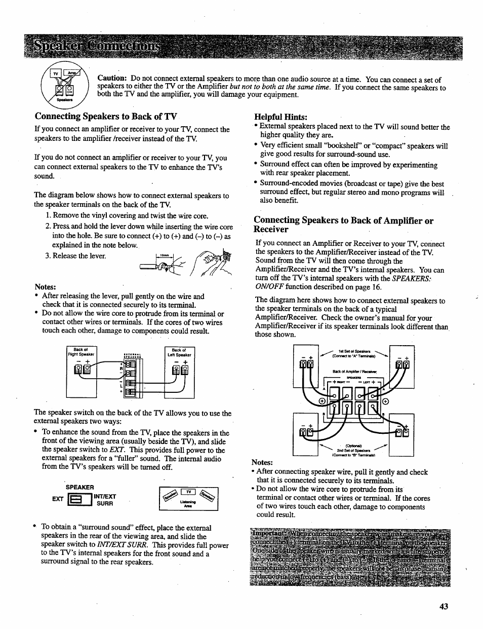 Connecting speakers to back of tv, Helpful hints, But not to both at the same time | Int/ext surr, Speakers | RCA P46728 User Manual | Page 45 / 55