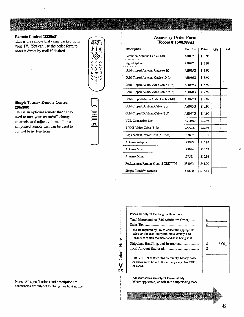 Remote control (233063), Simple touch™ remote control (206800), Accessory order form (tocom # 1508388a) | Plense complete other side ulso | RCA P46728 User Manual | Page 47 / 55