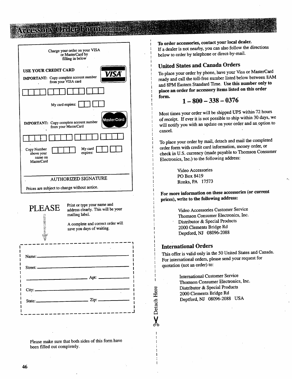 Authorized signature, Please, United states and canada orders | International orders | RCA P46728 User Manual | Page 48 / 55