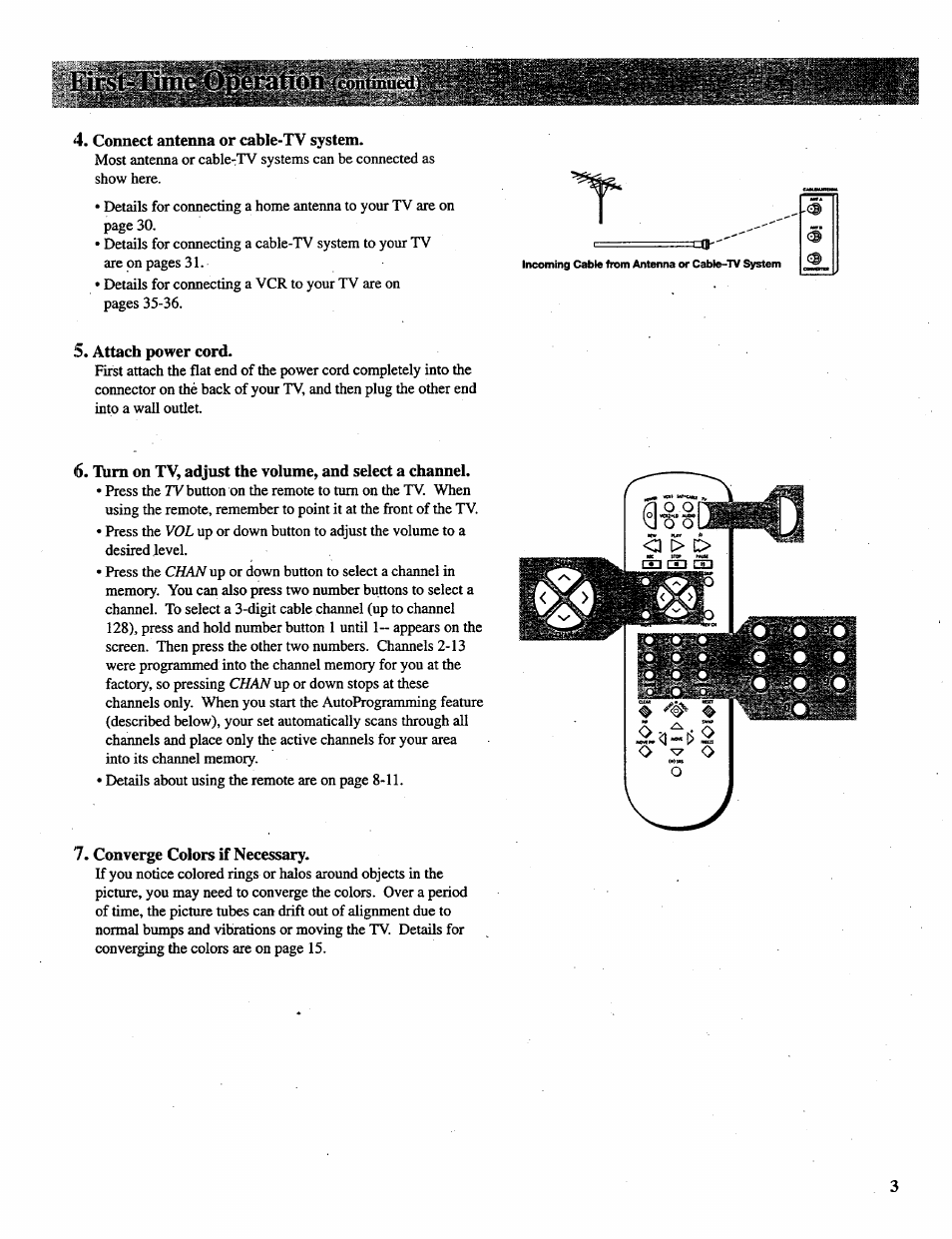 Connect antenna or cable-tv system, Attach power cord, Converge colors if necessary | Chan | RCA P46728 User Manual | Page 5 / 55