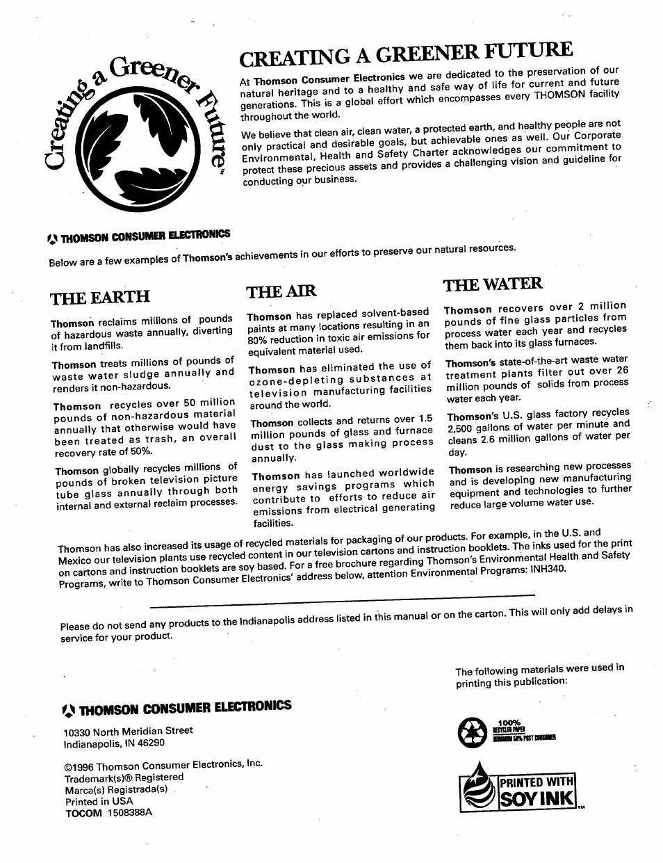 Createlo a greener future, Btaanra, Printed with | Soy ink, Greej, The earth the air the water | RCA P46728 User Manual | Page 55 / 55