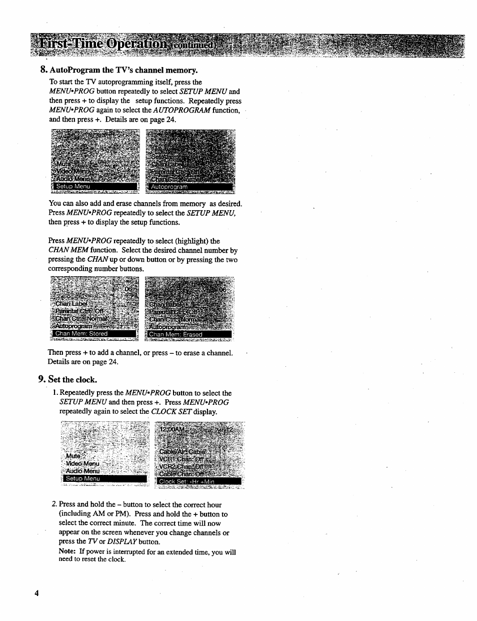 Autoprogram the tv’s channel memory, Set the clock, Menu’prog | Setup menu, Ihc autoprogram, Menu*prog, Menu'prog, Chan mem, Chan, Clock | RCA P46728 User Manual | Page 6 / 55