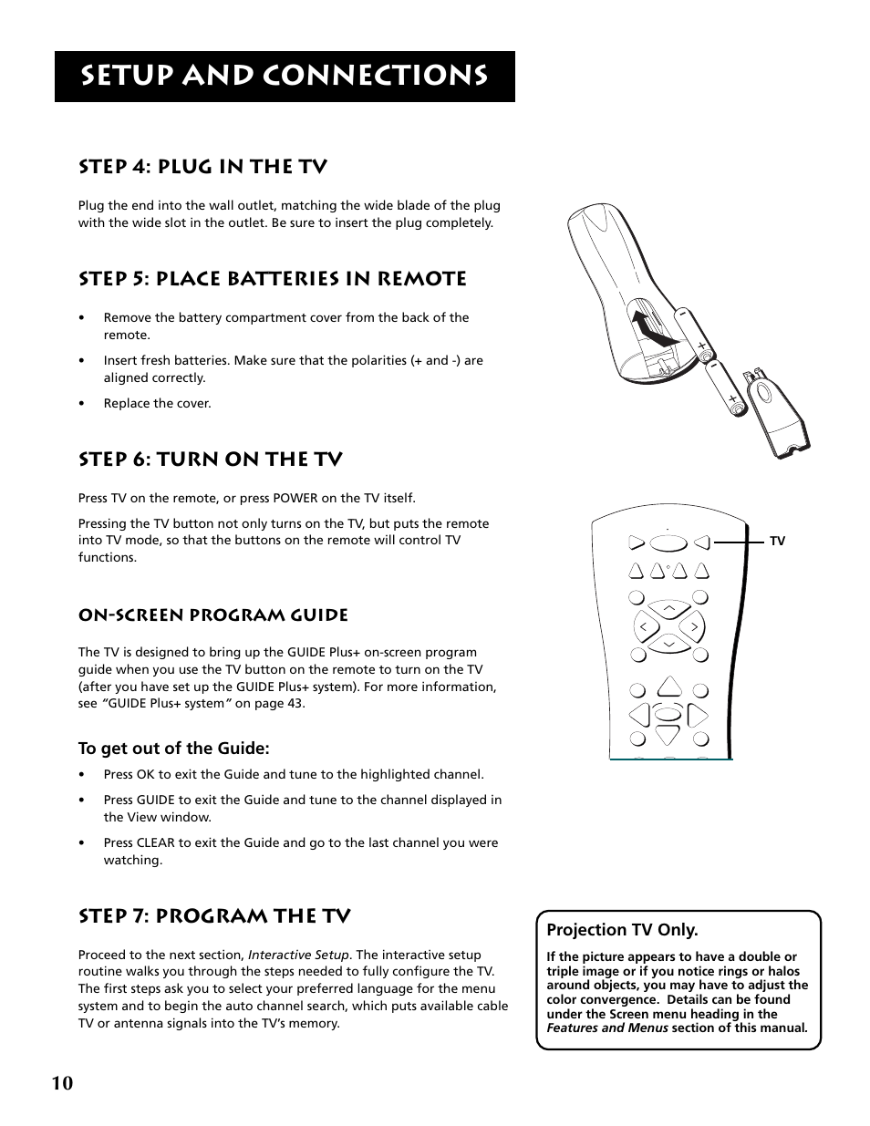 Setup and connections, Step 4: plug in the tv, Step 5: place batteries in remote | Step 6: turn on the tv, Step 7: program the tv, Projection tv only, On-screen program guide | RCA F32715 User Manual | Page 12 / 64