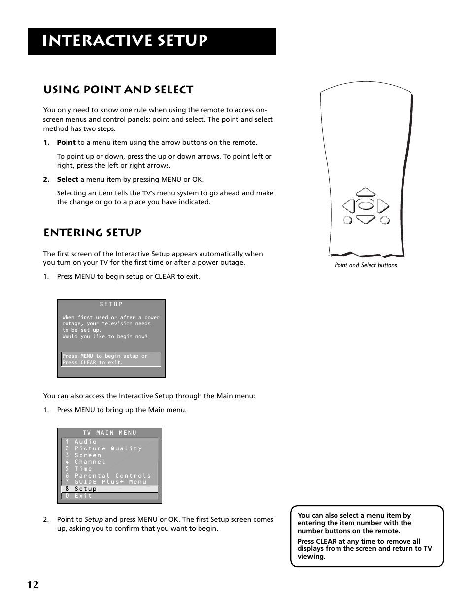 Interactive setup, Using point and select, Entering setup | RCA F32715 User Manual | Page 14 / 64