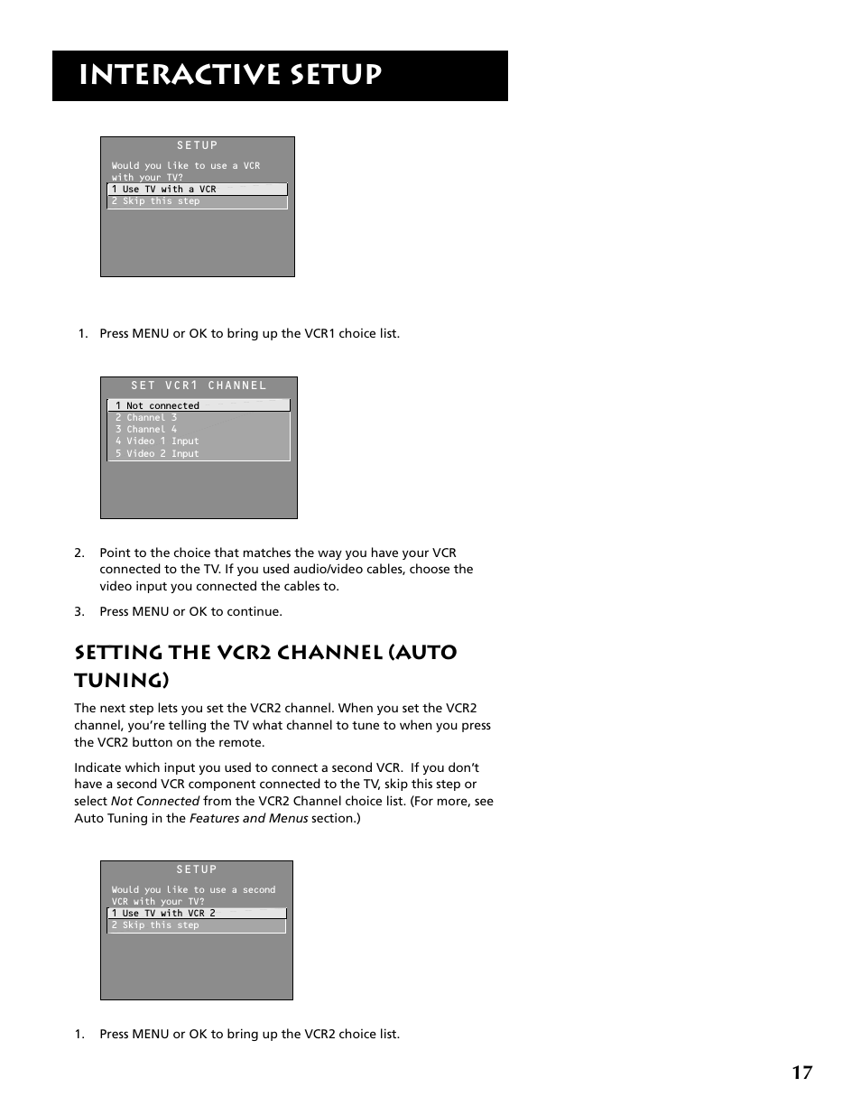 Interactive setup, Setting the vcr2 channel (auto tuning) | RCA F32715 User Manual | Page 19 / 64