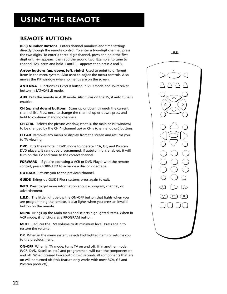 Using the remote, Remote buttons | RCA F32715 User Manual | Page 24 / 64