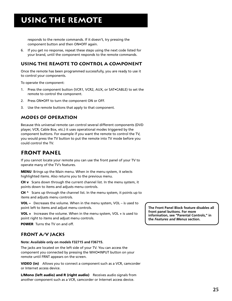 Using the remote, Front panel | RCA F32715 User Manual | Page 27 / 64