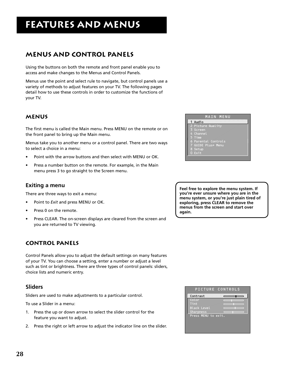 Features and menus, Menus and control panels | RCA F32715 User Manual | Page 30 / 64