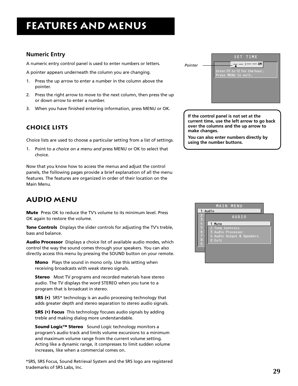 Features and menus, Audio menu, Numeric entry | Choice lists | RCA F32715 User Manual | Page 31 / 64