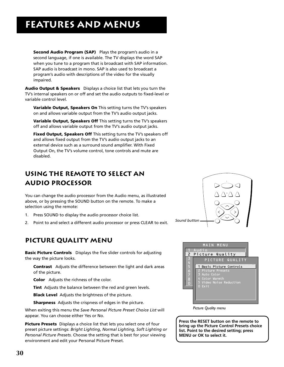 Features and menus, Using the remote to select an audio processor, Picture quality menu | RCA F32715 User Manual | Page 32 / 64