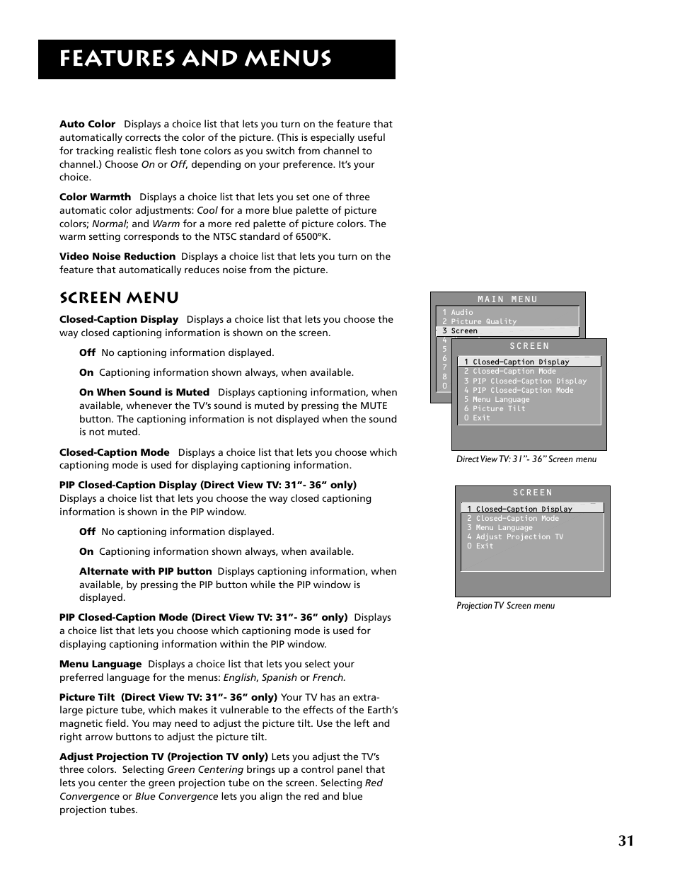 Features and menus, Screen menu | RCA F32715 User Manual | Page 33 / 64