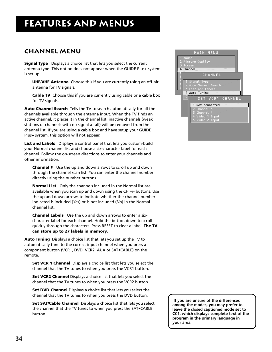 Features and menus, Channel menu | RCA F32715 User Manual | Page 36 / 64