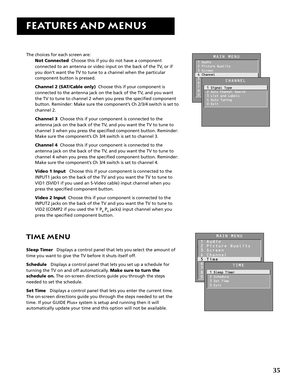 Features and menus, Time menu | RCA F32715 User Manual | Page 37 / 64