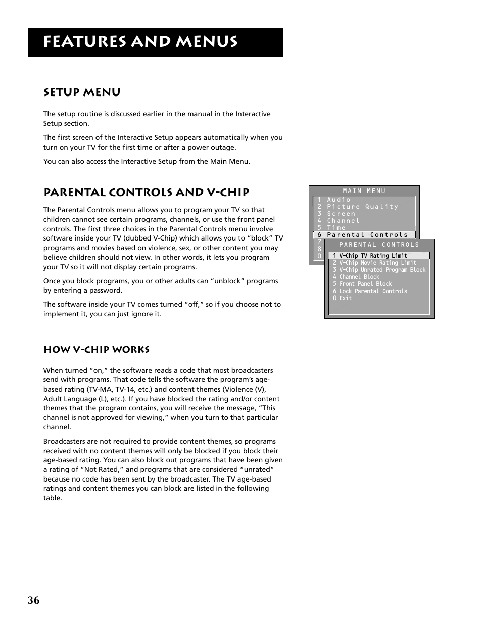 Features and menus, Setup menu, Parental controls and v-chip | RCA F32715 User Manual | Page 38 / 64