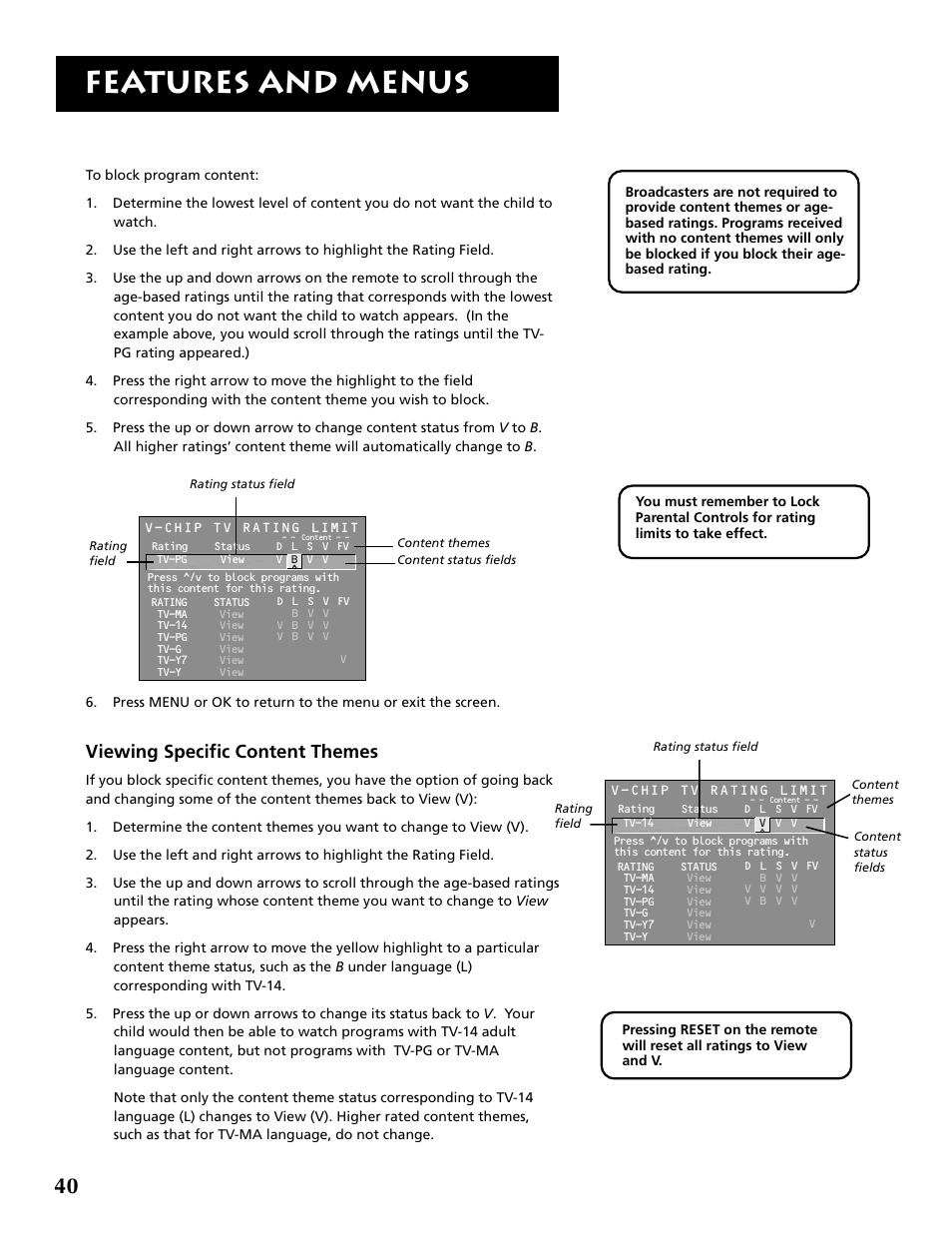 Features and menus, Viewing specific content themes | RCA F32715 User Manual | Page 42 / 64