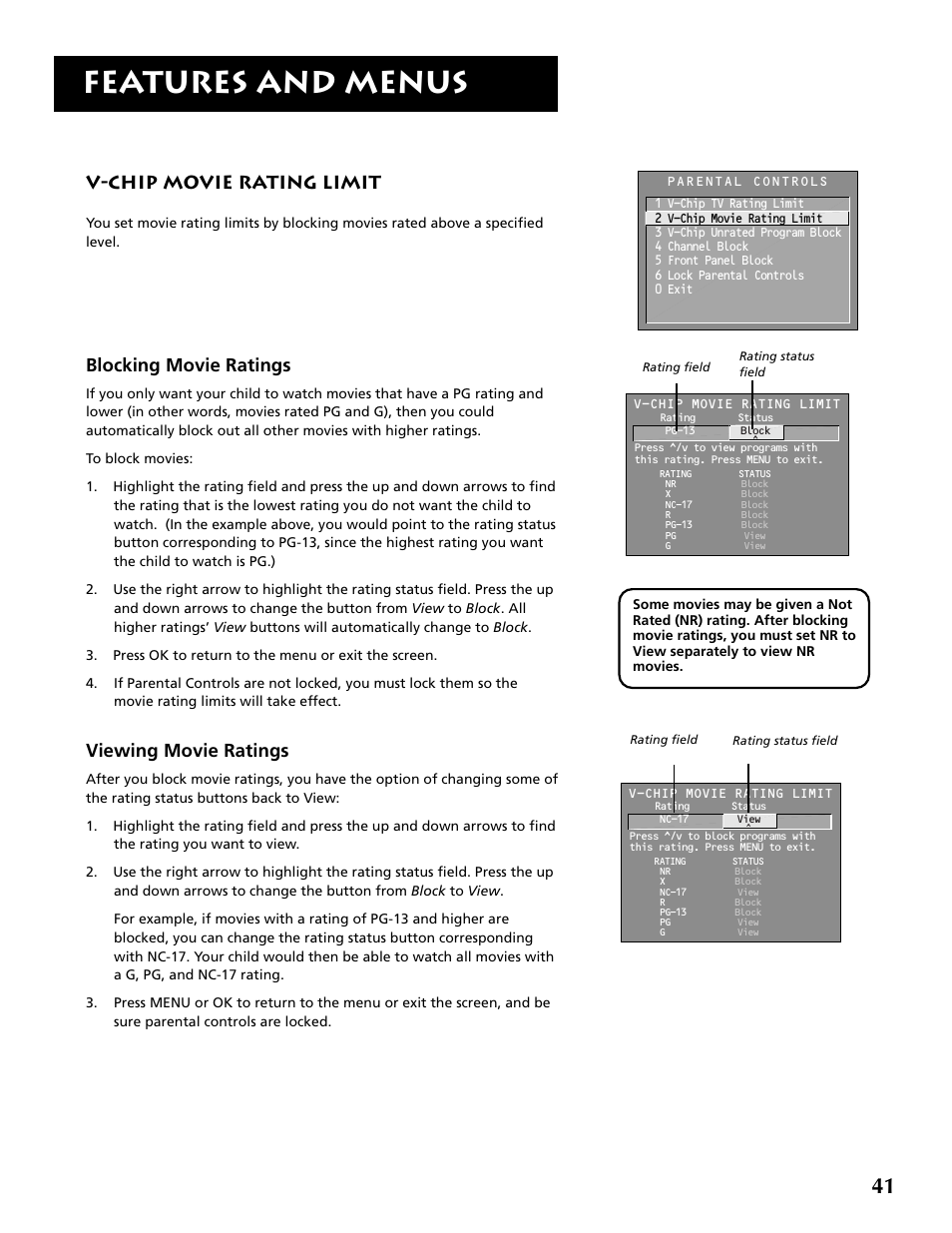 Features and menus, V-chip movie rating limit, Blocking movie ratings | Viewing movie ratings | RCA F32715 User Manual | Page 43 / 64