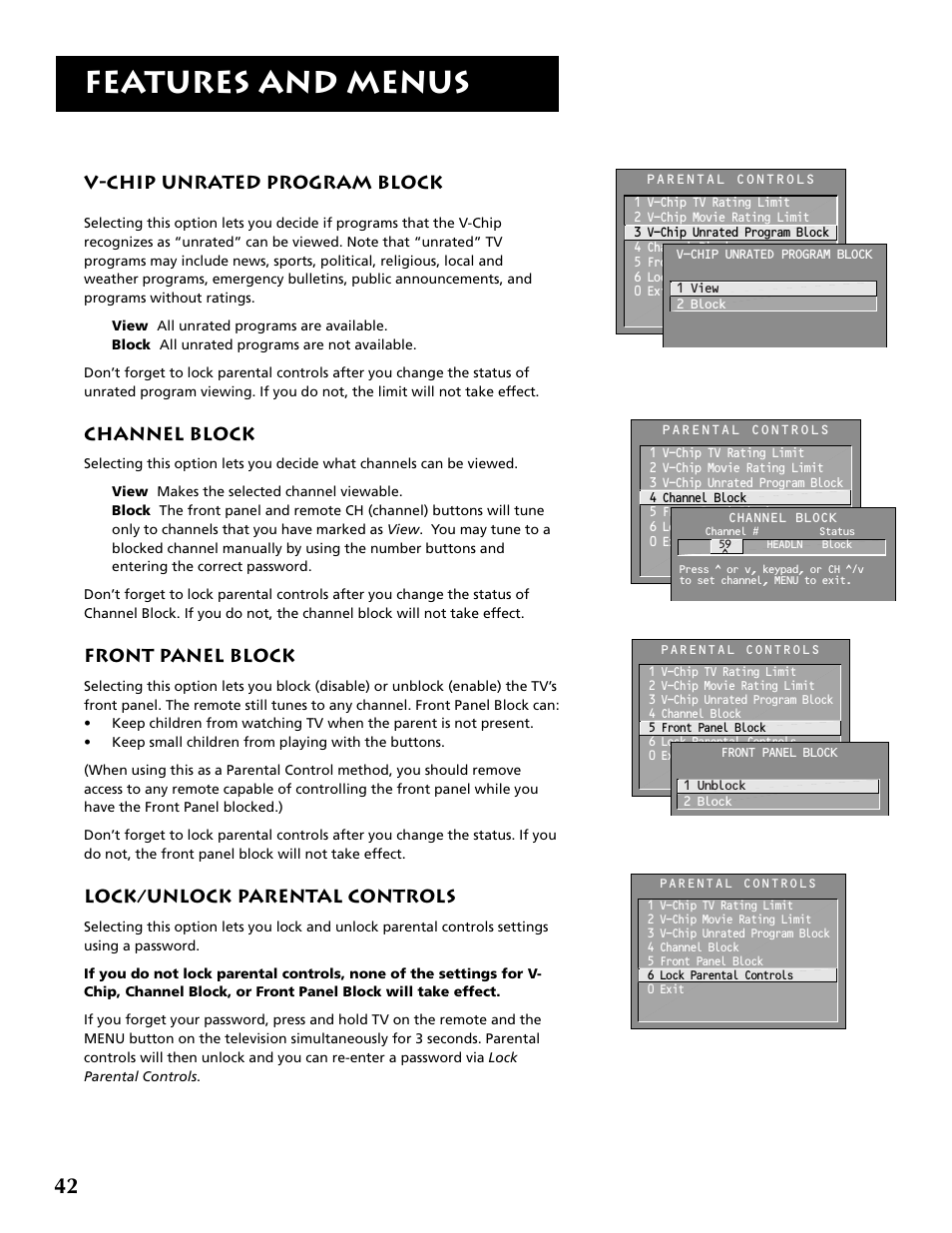 Features and menus, V-chip unrated program block, Channel block | Front panel block, Lock/unlock parental controls | RCA F32715 User Manual | Page 44 / 64