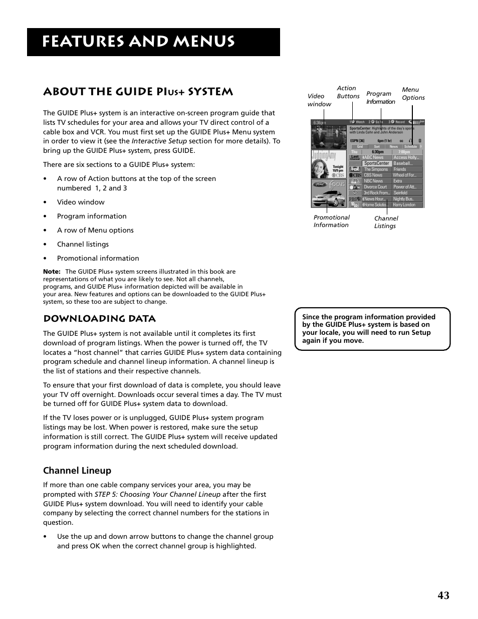 Features and menus, About the guide pi, System | RCA F32715 User Manual | Page 45 / 64