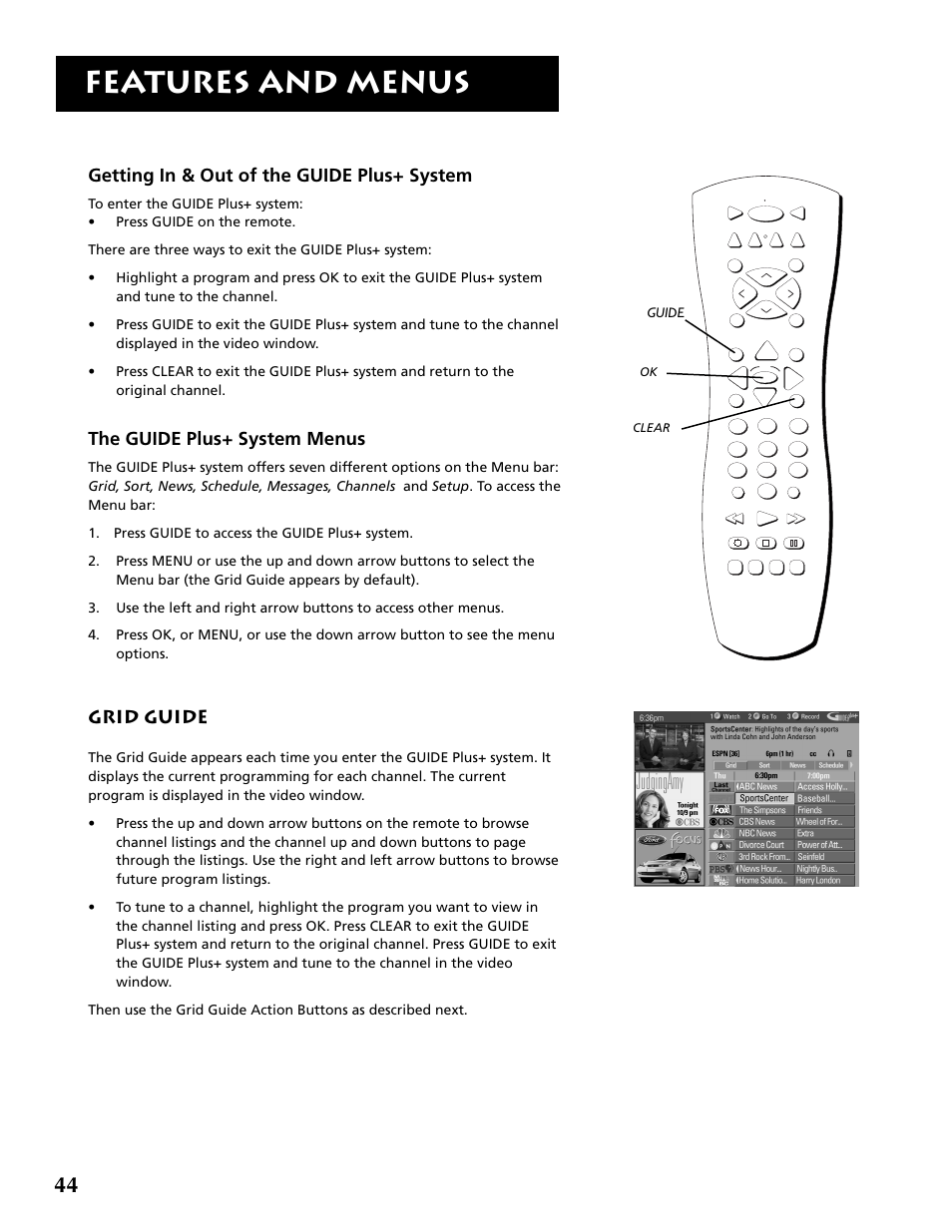 Features and menus, Getting in & out of the guide plus+ system, The guide plus+ system menus | Grid guide, Guide | RCA F32715 User Manual | Page 46 / 64