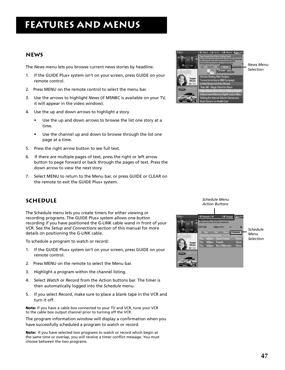 Features and menus, News, Schedule | RCA F32715 User Manual | Page 49 / 64