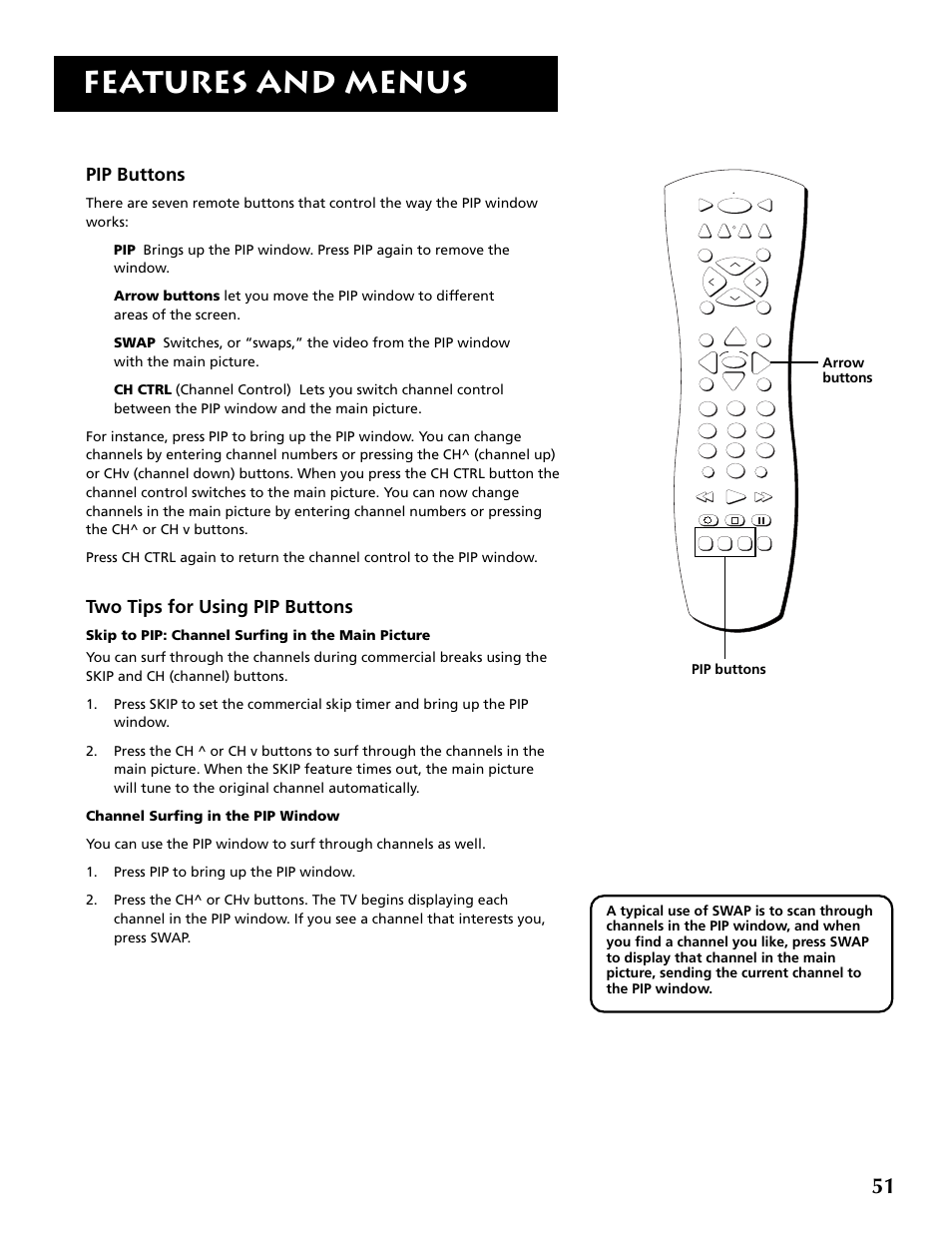 Features and menus, Pip buttons, Two tips for using pip buttons | RCA F32715 User Manual | Page 53 / 64