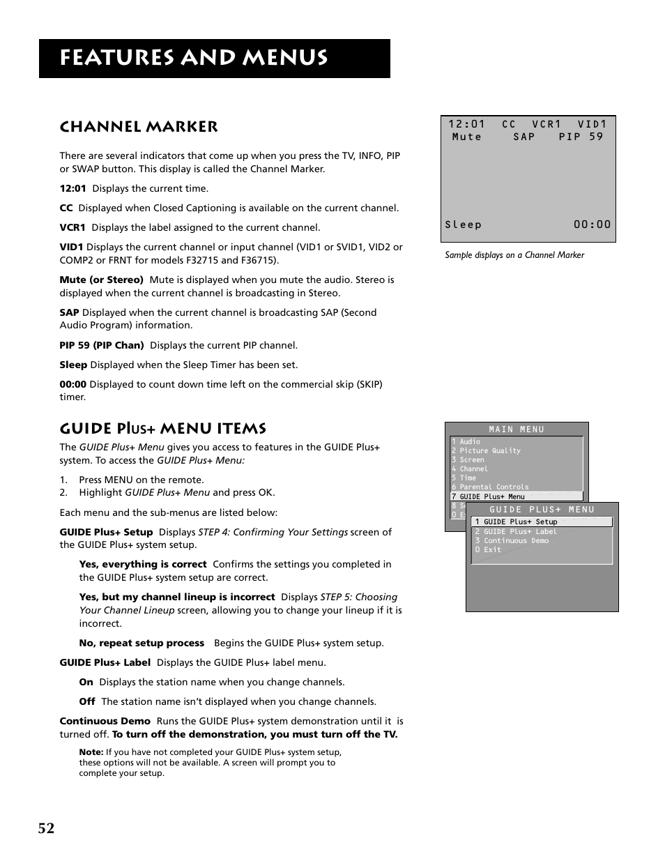 Features and menus, Channel marker, Guide p | Menu items | RCA F32715 User Manual | Page 54 / 64