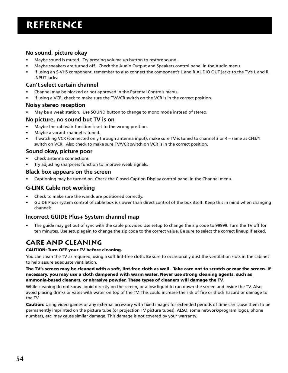 Reference, Care and cleaning | RCA F32715 User Manual | Page 56 / 64