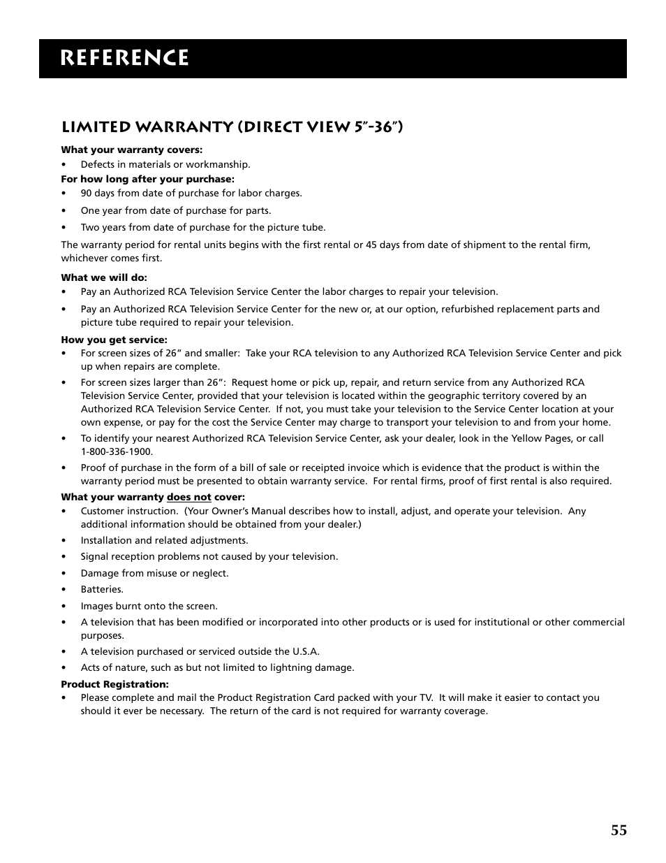 Reference, Limited warranty (direct view 5”-36”) | RCA F32715 User Manual | Page 57 / 64