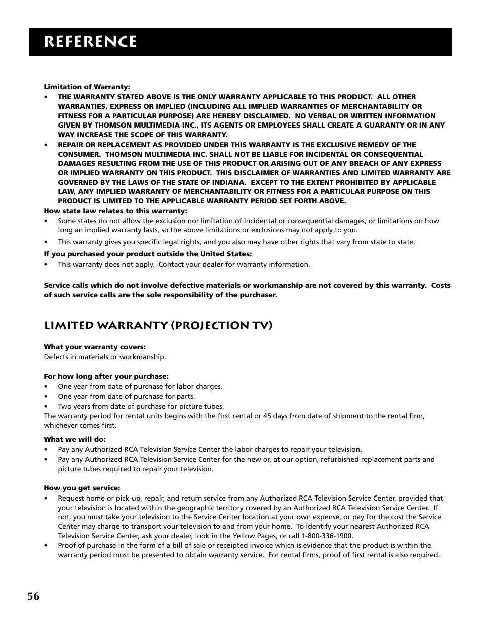 Reference, Limited warranty (projection tv) | RCA F32715 User Manual | Page 58 / 64