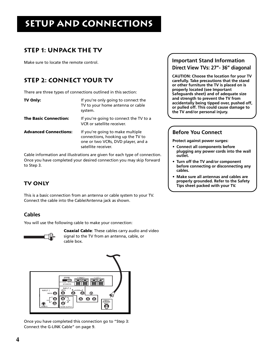 Setup and connections, Step 1: unpack the tv, Step 2: connect your tv | Tv only, Cables, Before you connect | RCA F32715 User Manual | Page 6 / 64
