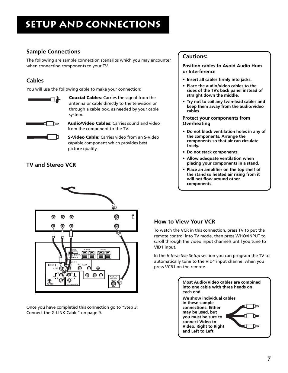 Setup and connections, Sample connections, Cables | Tv and stereo vcr, Cautions, How to view your vcr | RCA F32715 User Manual | Page 9 / 64