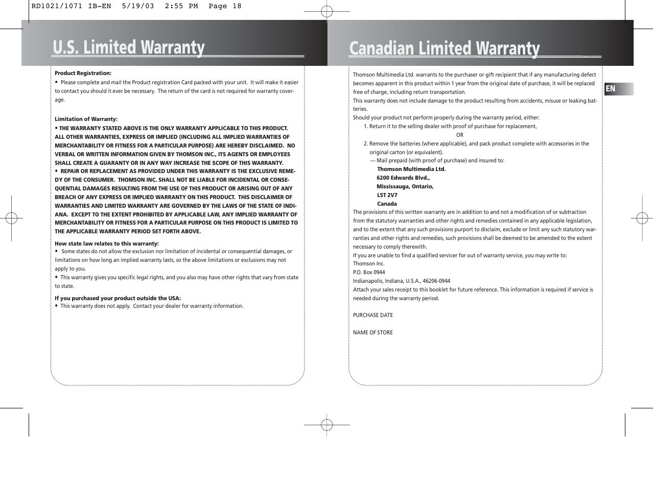 U.s. limited warranty, Canadian limited warranty | RCA RD1028 User Manual | Page 10 / 10