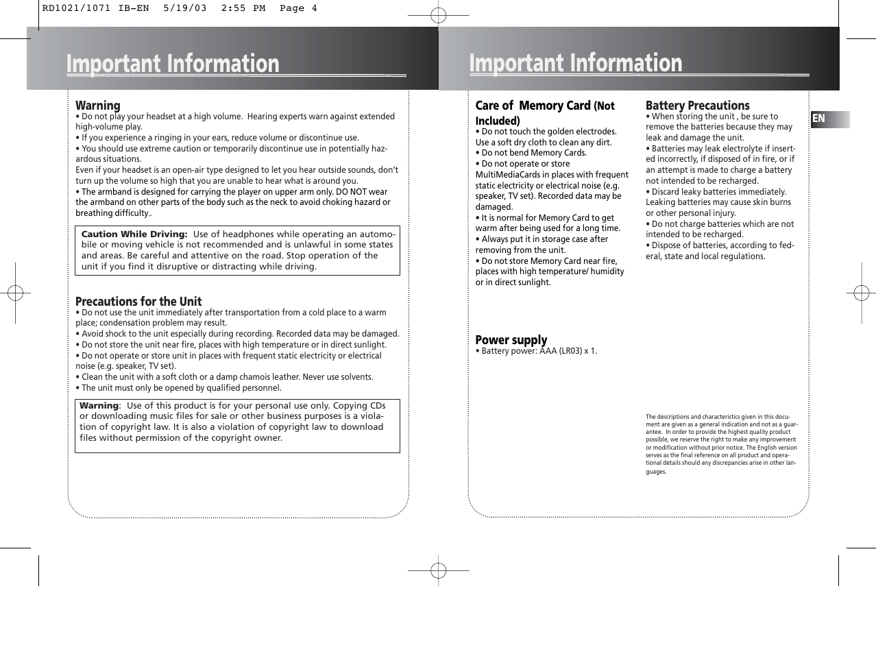 Important information | RCA RD1028 User Manual | Page 3 / 10