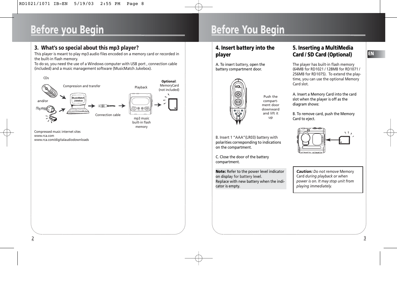 Before you begin before you begin, St op last next pl ay, Insert battery into the player | Inserting a multimedia card / sd card (optional), What’s so special about this mp3 player | RCA RD1028 User Manual | Page 5 / 10