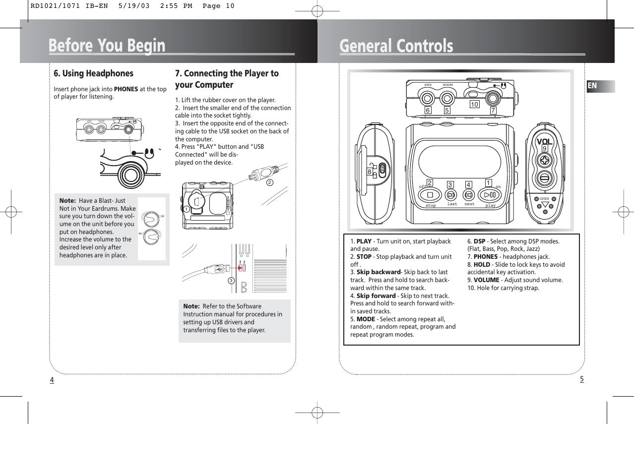 General controls, Before you begin, Using headphones | Connecting the player to your computer | RCA RD1028 User Manual | Page 6 / 10