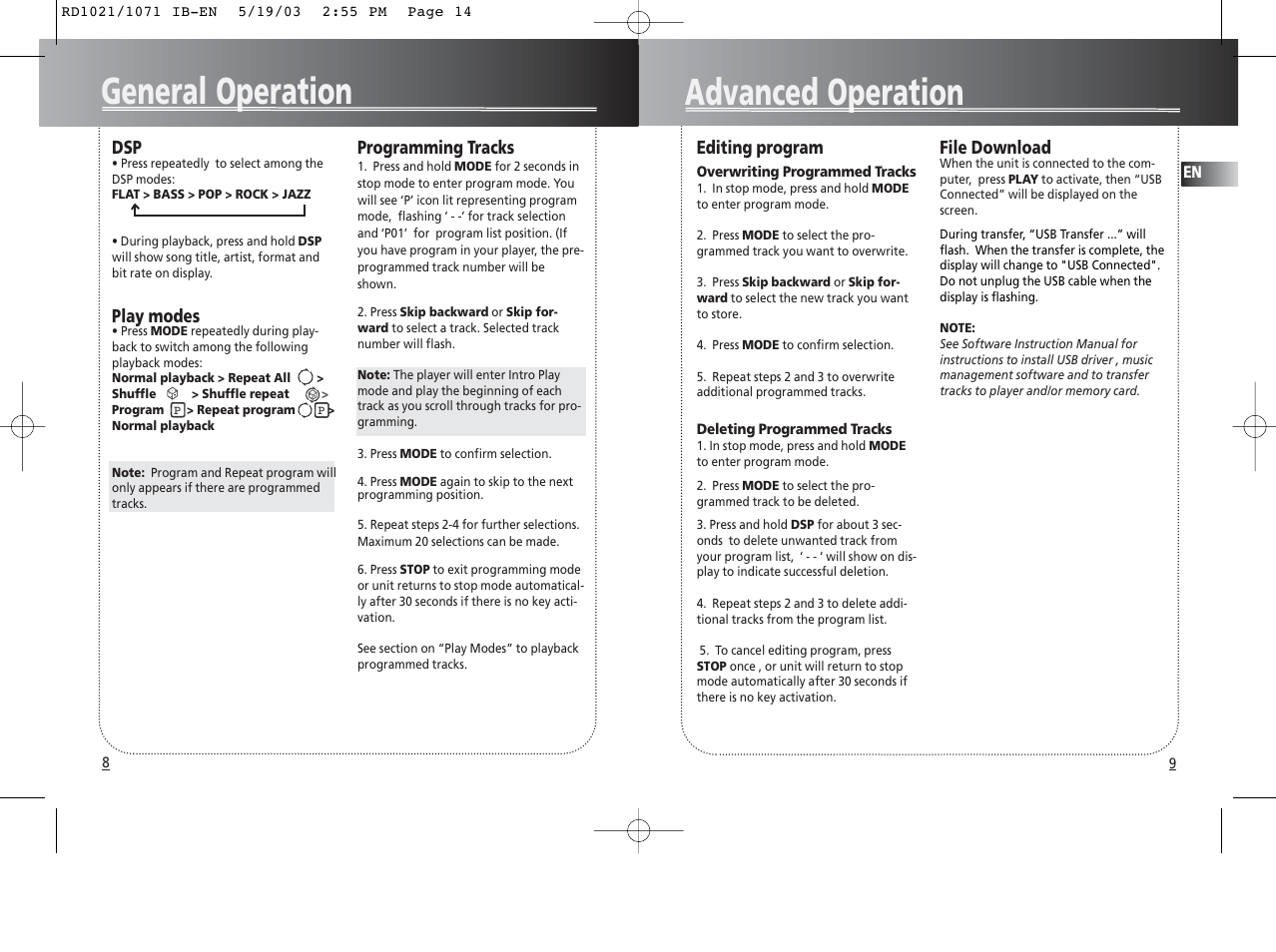 Advanced operation, General operation | RCA RD1028 User Manual | Page 8 / 10